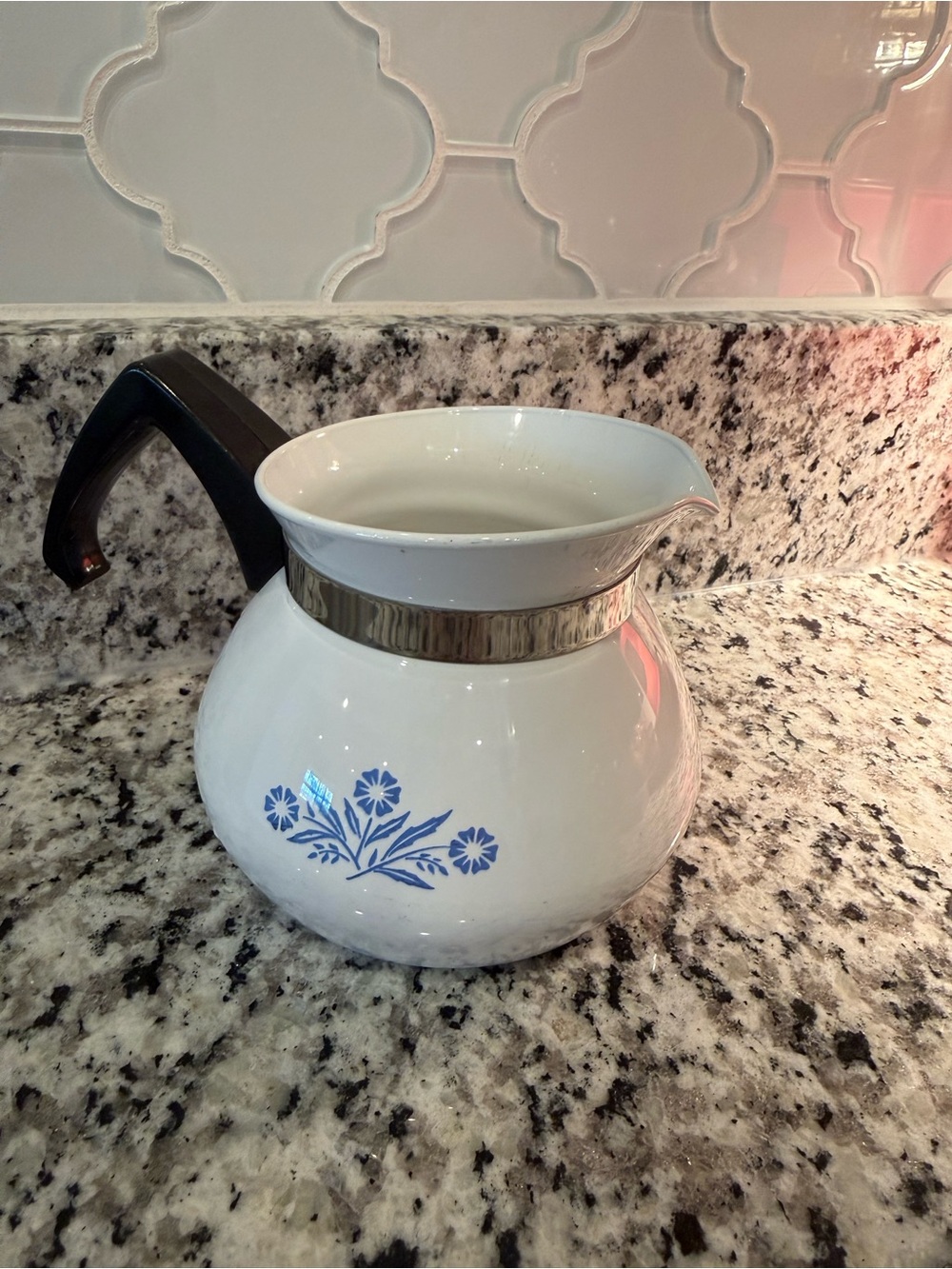 Corningware White Coffee Carafe with Blue Floral Motif and Black Handle
